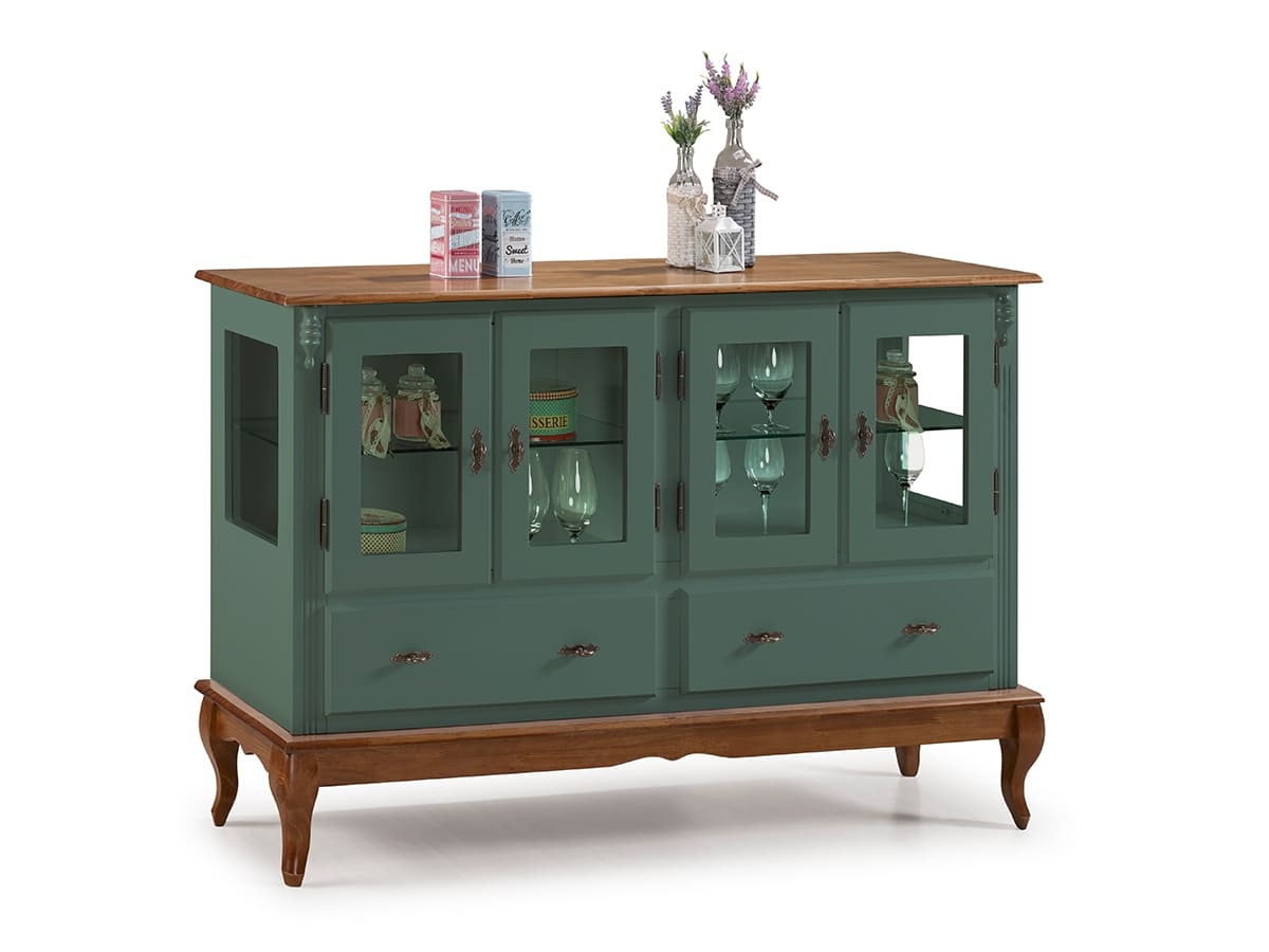 Cristaleira Baixa Linz Com Pés Luis XV 96 x 150 x 40 cm (A x L x P) - Cor Imbuia Glazer - Verde Musgo