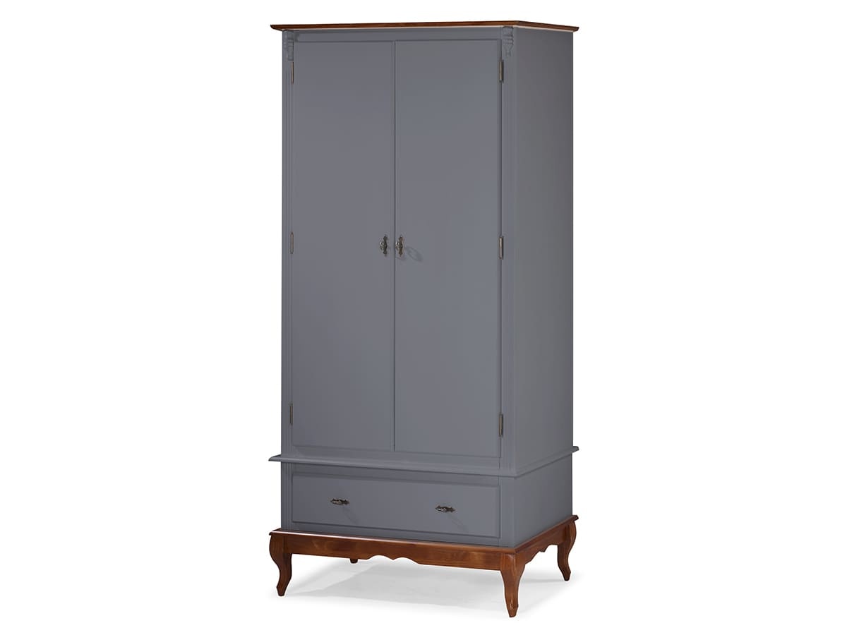 Roupeiro De Madeira Linz 02 Portas 01 Gaveta Pés Luis XV 205 x 100 x 50 cm (A x L x P) - Cor Imbuia Glazer - Cinza Escuro