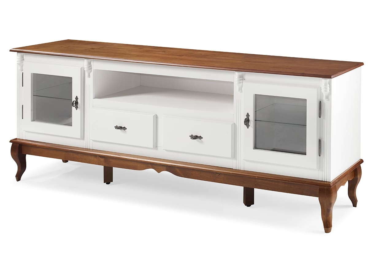 Rack Linz 2 Portas Vidro 2 Gavetas Pés Luis XV 75 x 195 x 40 cm (A x L x P) - Cor Branco - Imbuia Glazer 