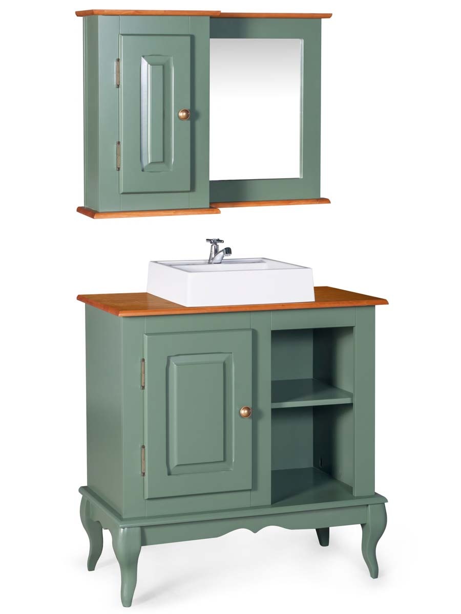 Balcão Para Banheiro Com Cuba E Espelho Pés Luis XV 1 Porta 2 Nichos Dalia 81 x 80 x 40 cm (A x L x P) - Cor Verde Musgo - Imbuia Glazer