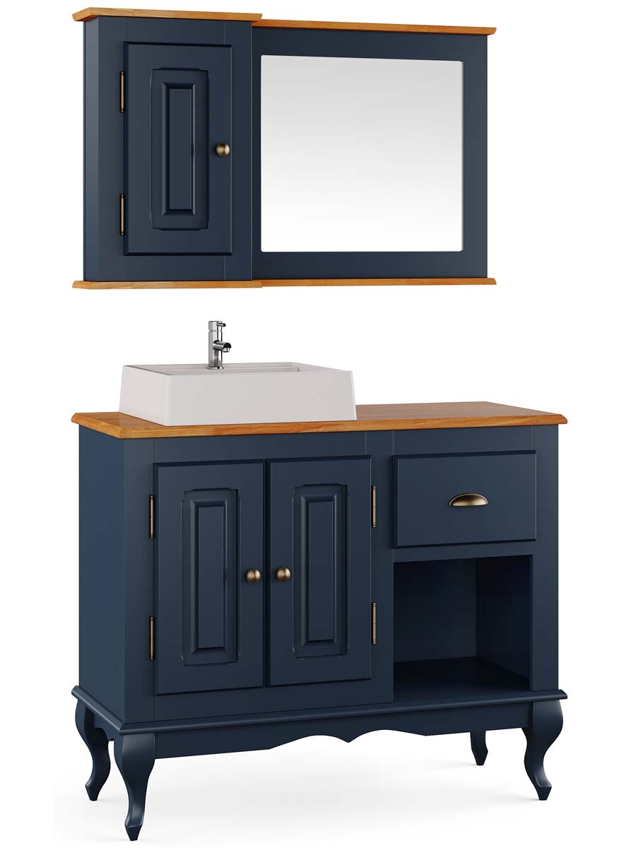 Balcão Para Banheiro Com Cuba E Espelho Pés Luis XV 2 Portas 1 Gaveta 1 Nicho Dalia 81 x 97 x 40 cm (A x L x P) - Cor Azul Petróleo - Imbuia Glazer