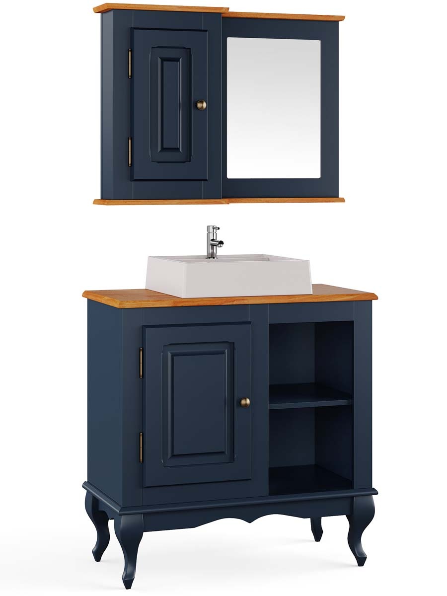 Balcão Para Banheiro Com Cuba E Espelho Pés Luis XV 1 Porta 2 Nichos Dalia 81 x 80 x 40 cm (A x L x P) - Cor Azul Petróleo - Imbuia Glazer