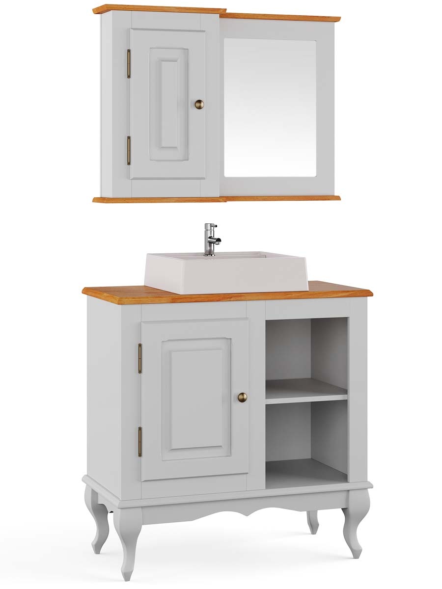 Balcão Para Banheiro Com Cuba E Espelho Pés Luis XV 1 Porta 2 Nichos Dalia 81 x 80 x 40 cm (A x L x P) - Cor Branco - Imbuia Glazer