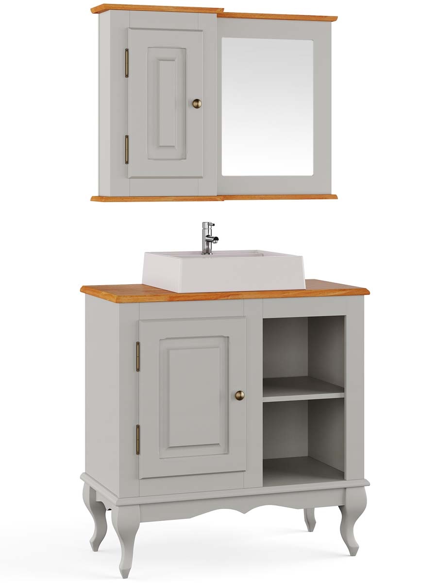 Balcão Para Banheiro Com Cuba E Espelho Pés Luis XV 1 Porta 2 Nichos Dalia 81 x 80 x 40 cm (A x L x P) - Cor Offwhite - Imbuia Glazer