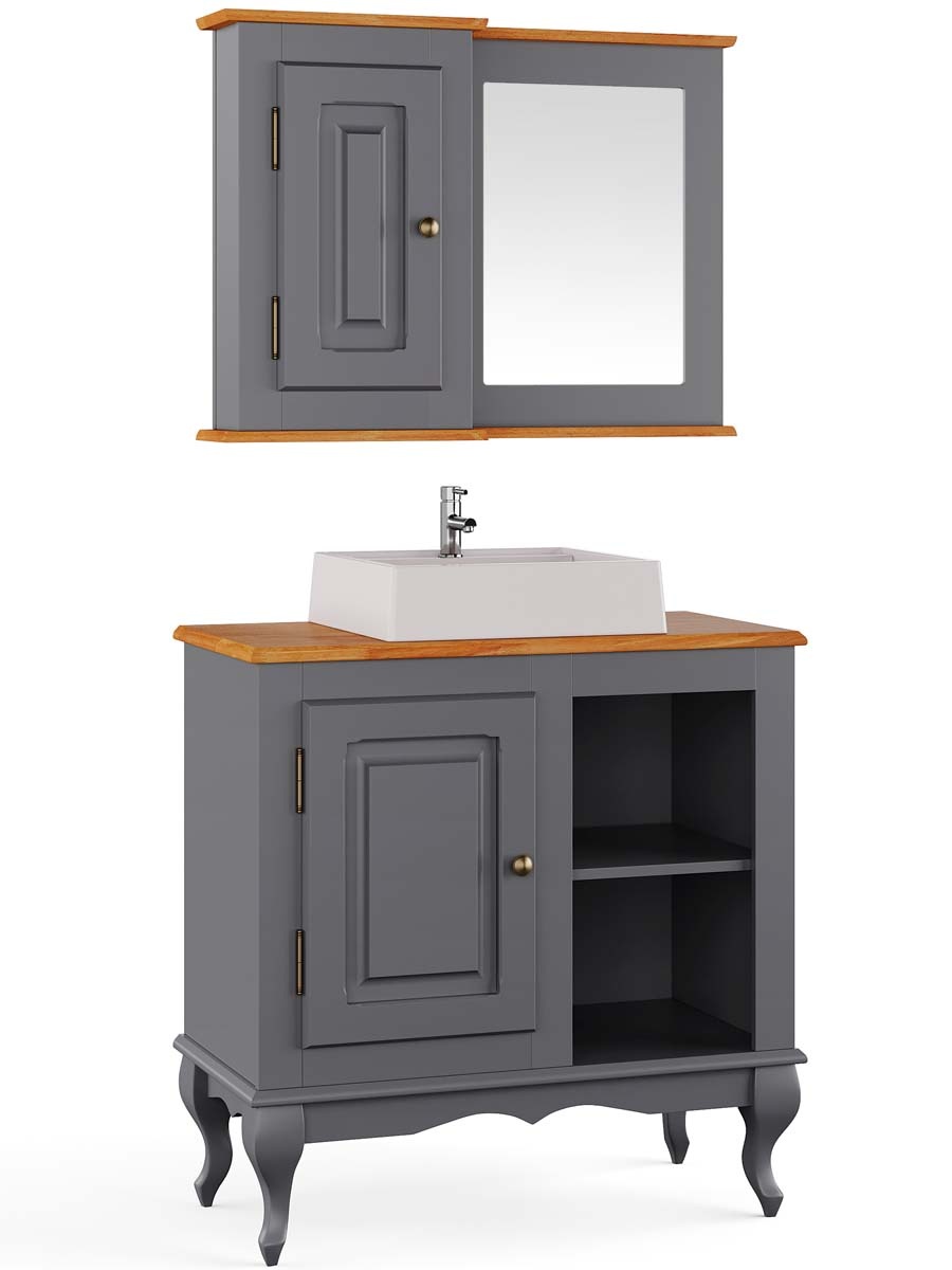 Balcão Para Banheiro Com Cuba E Espelho Pés Luis XV 1 Porta 2 Nichos Dalia 81 x 80 x 40 cm (A x L x P) - Cor Cinza Escuro - Imbuia Glazer