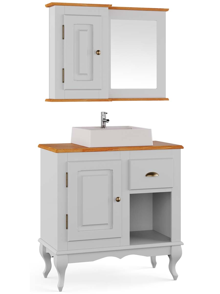 Balcão Para Banheiro Com Cuba e Espelho Pés Luis XV 1 Porta 1 Gaveta + Nicho Dalia 81 x 80 x 40 cm (A x L x P) - Cor Branco - Imbuia Glazer