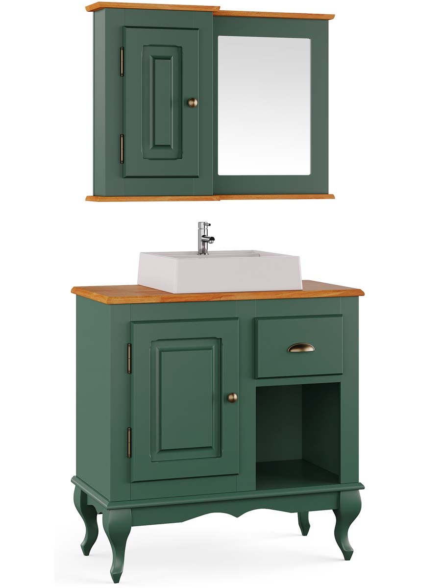 Balcão Para Banheiro Com Cuba e Espelho Pés Luis XV 1 Porta 1 Gaveta + Nicho Dalia 81 x 80 x 40 cm (A x L x P) - Cor Verde Musgo - Imbuia Glazer