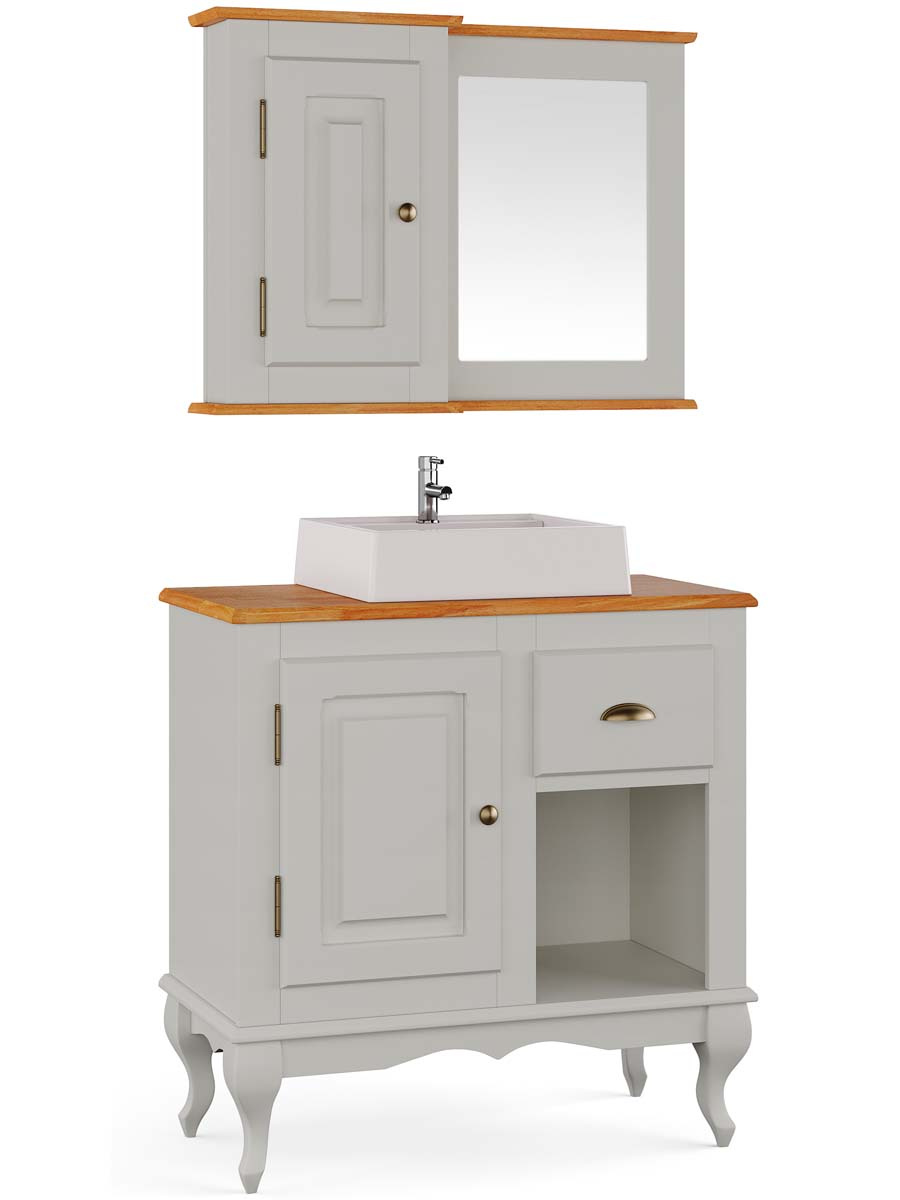 Balcão Para Banheiro Com Cuba e Espelho Pés Luis XV 1 Porta 1 Gaveta + Nicho Dalia 81 x 80 x 40 cm (A x L x P) - Cor Offwhite - Imbuia Glazer