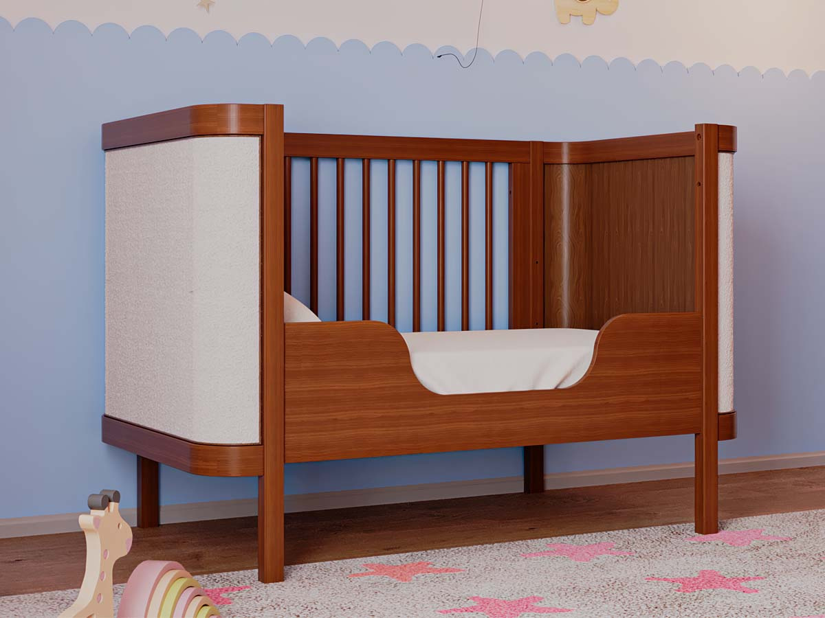 Berço de Madeira 2 em 1 Linha Soley Tecido Boucle 96 x 136 x 77  cm (A x L x P) - Cor Nogueira Com Boucle + Colchão