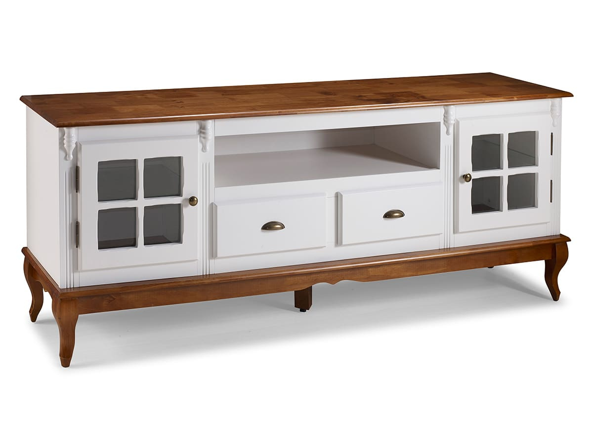 Rack Hanover 2 Portas Com Vidro Cruzeta 2 Gavetas + Nicho Pés Luis XV 75 x 195 x 40 cm (A x L x P) - Cor Branco - Imbuia Glazer