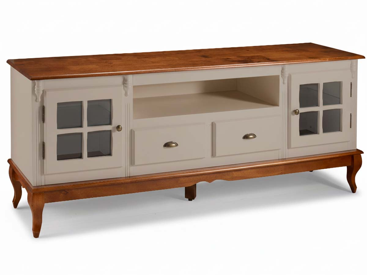 Rack Hanover 2 Portas Com Vidro Cruzeta 2 Gavetas + Nicho Pés Luis XV 75 x 195 x 40 cm (A x L x P) - Cor Offwhite - Imbuia Glazer