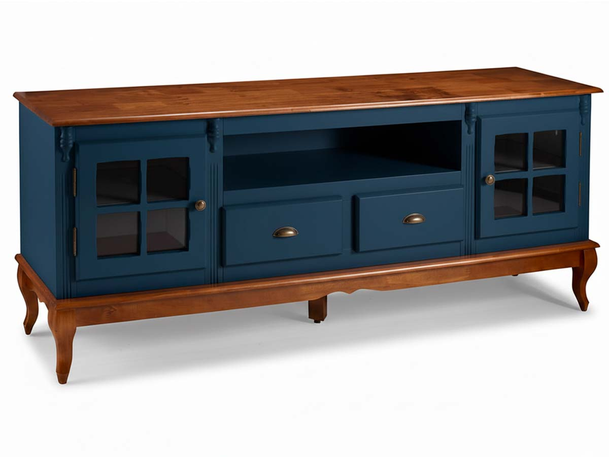 Rack Hanover 2 Portas Com Vidro Cruzeta 2 Gavetas + Nicho Pés Luis XV 75 x 195 x 40 cm (A x L x P) - Cor Azul Petróleo - Imbuia Glazer