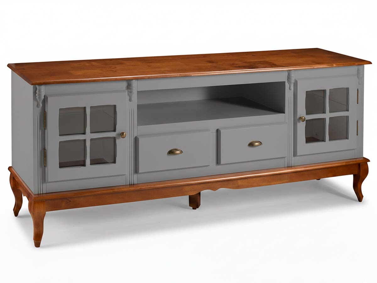 Rack Hanover 2 Portas Com Vidro Cruzeta 2 Gavetas + Nicho Pés Luis XV 75 x 195 x 40 cm (A x L x P) - Cor Cinza Escuro - Imbuia Glazer