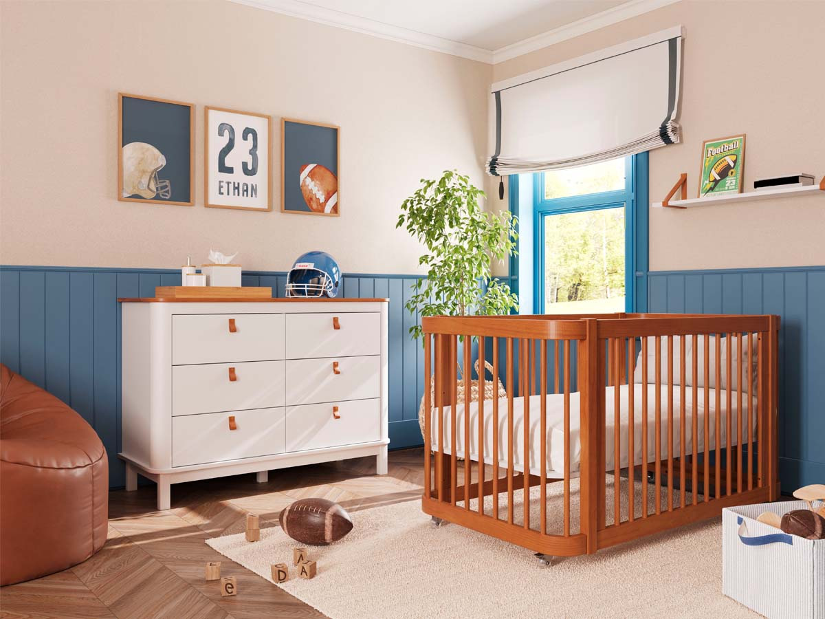 Berço de Madeira 2 em 1 Linha Evolutiva 80 x 136 x 79  cm (A x L x P) - Cor Nogueira + Colchão