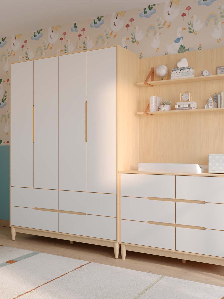 Roupeiro Tomi 4 Portas 4 Gavetas 207 x 147 x 45  cm (A x L x P) - Cor Branco Com Carvalho Malva