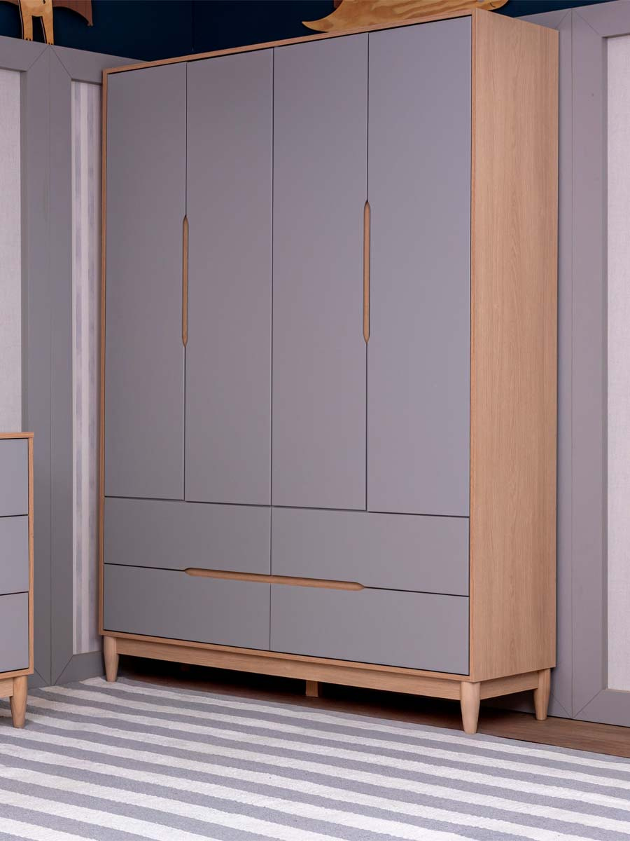 Roupeiro Tomi 4 Portas 4 Gavetas 207 x 147 x 45  cm (A x L x P) - Cor Cinza Com Carvalho Malva