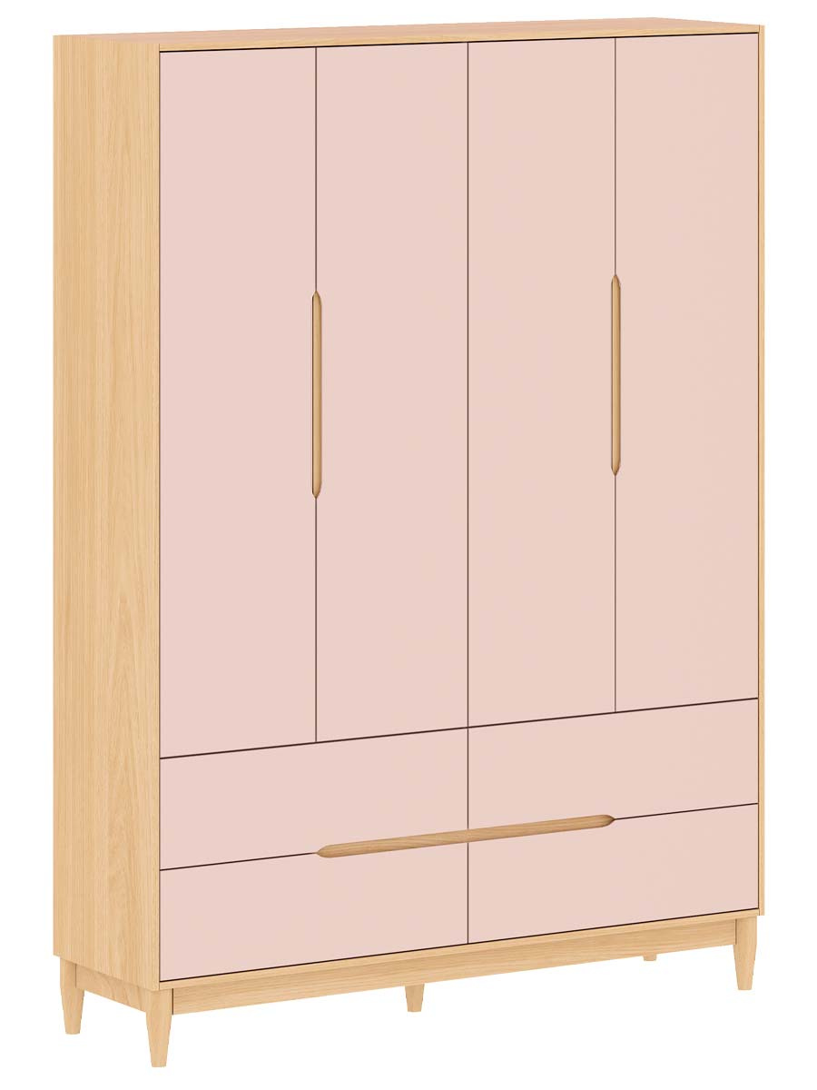 Roupeiro Tomi 4 Portas 4 Gavetas 207 x 147 x 45  cm (A x L x P) - Cor Rosa Com Carvalho Malva