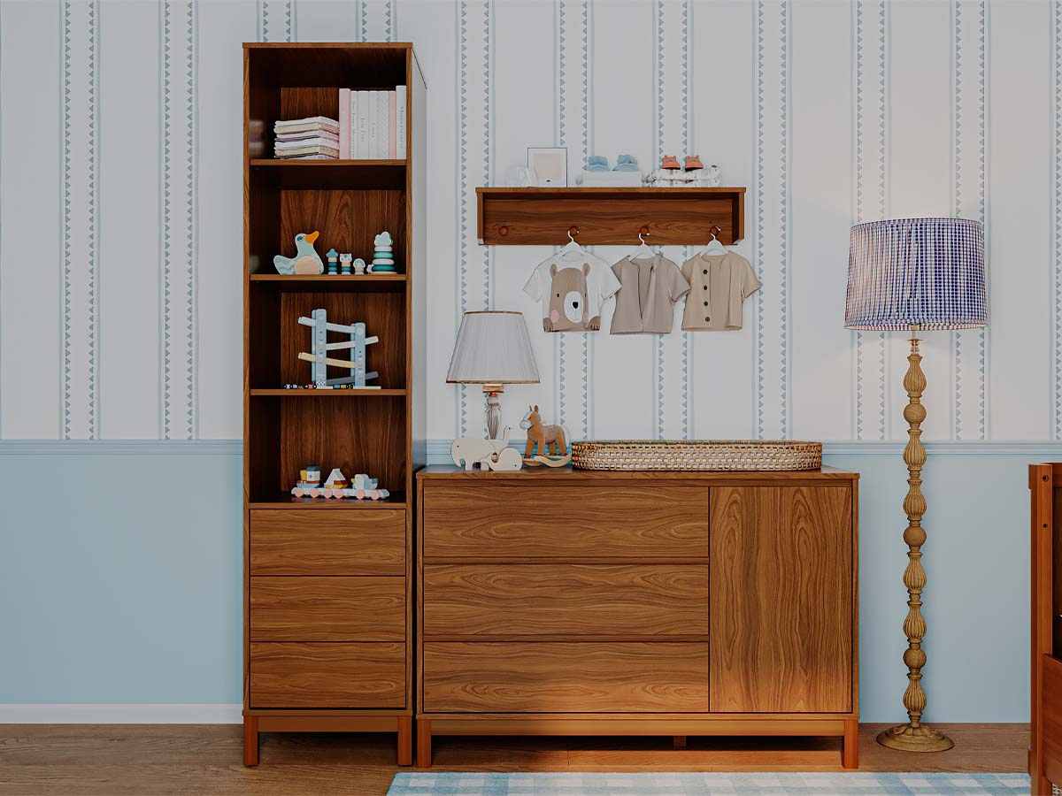 Cômoda 3 Gavetas 1 Porta Linha Soley 90 x 135 x 52  cm (A x L x P) - Cor Nogueira - Louro Freijó