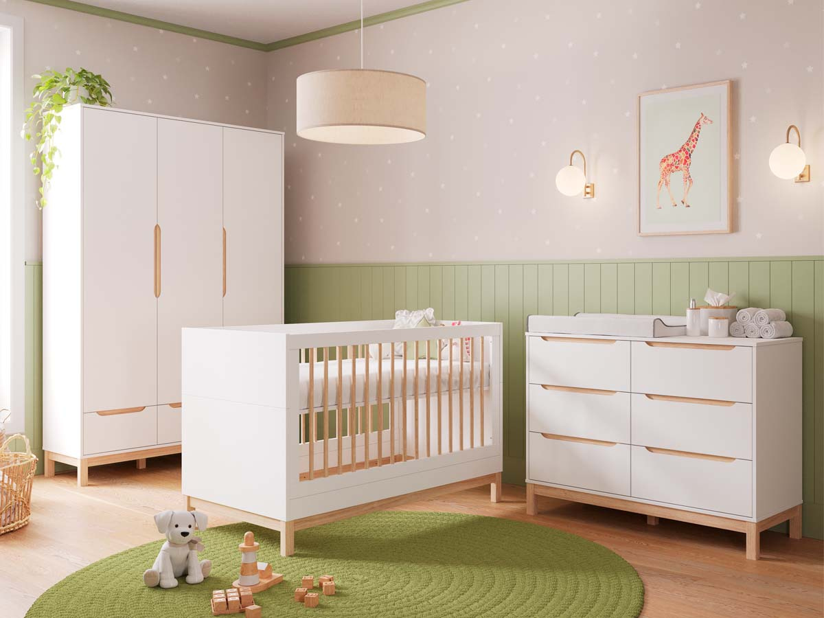 Berço Estilo Americano 2 em 1 Linha Cozy 90 x 134 x 76  cm (A x L x P) - Cor Branco Com Carvalho + Colchão