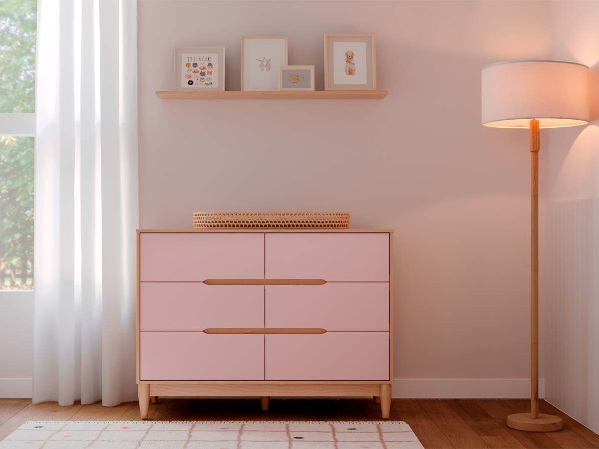Cômoda Tomi 6 Gavetas  87 x 118 x 46  cm (A x L x P) - Cor Rosa Com Carvalho Malva 