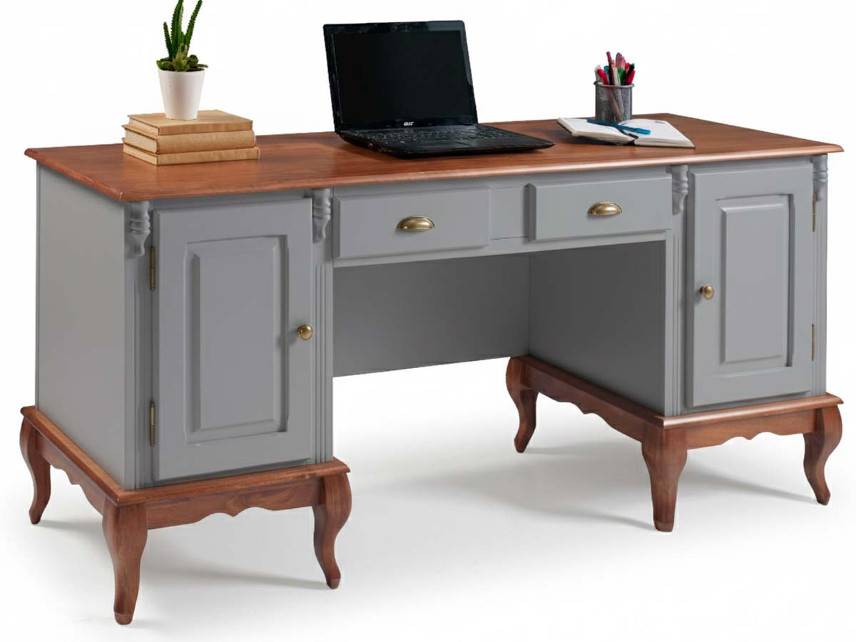 Escrivaninha 2 Portas 2 Gavetas Pés Luis XV Linz Móveis 80 x 176 x 50 cm (A x L x P) - Cor Cinza Escuro - Imbuia Glazer 