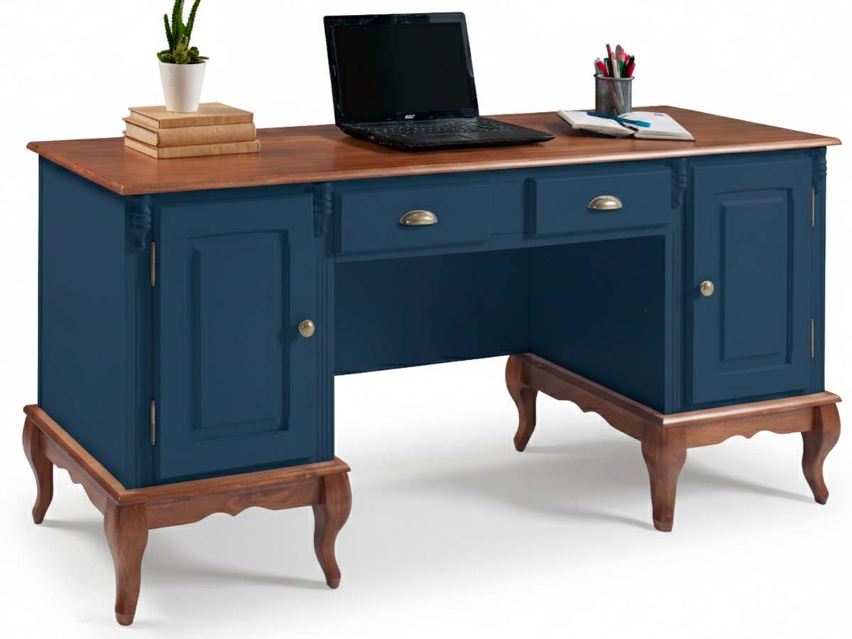 Escrivaninha 2 Portas 2 Gavetas Pés Luis XV Linz Móveis 80 x 176 x 50 cm (A x L x P) - Cor Azul Petróleo - Imbuia Glazer 