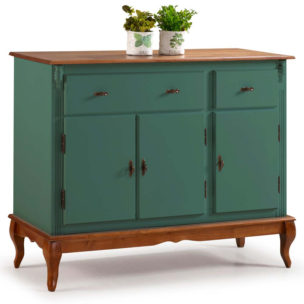 Balcão Linz 3 Portas Pés Luis XV 99 x 132 x 45 cm (A x L x P) - Cor Verde Musgo e Imbuia Glazer