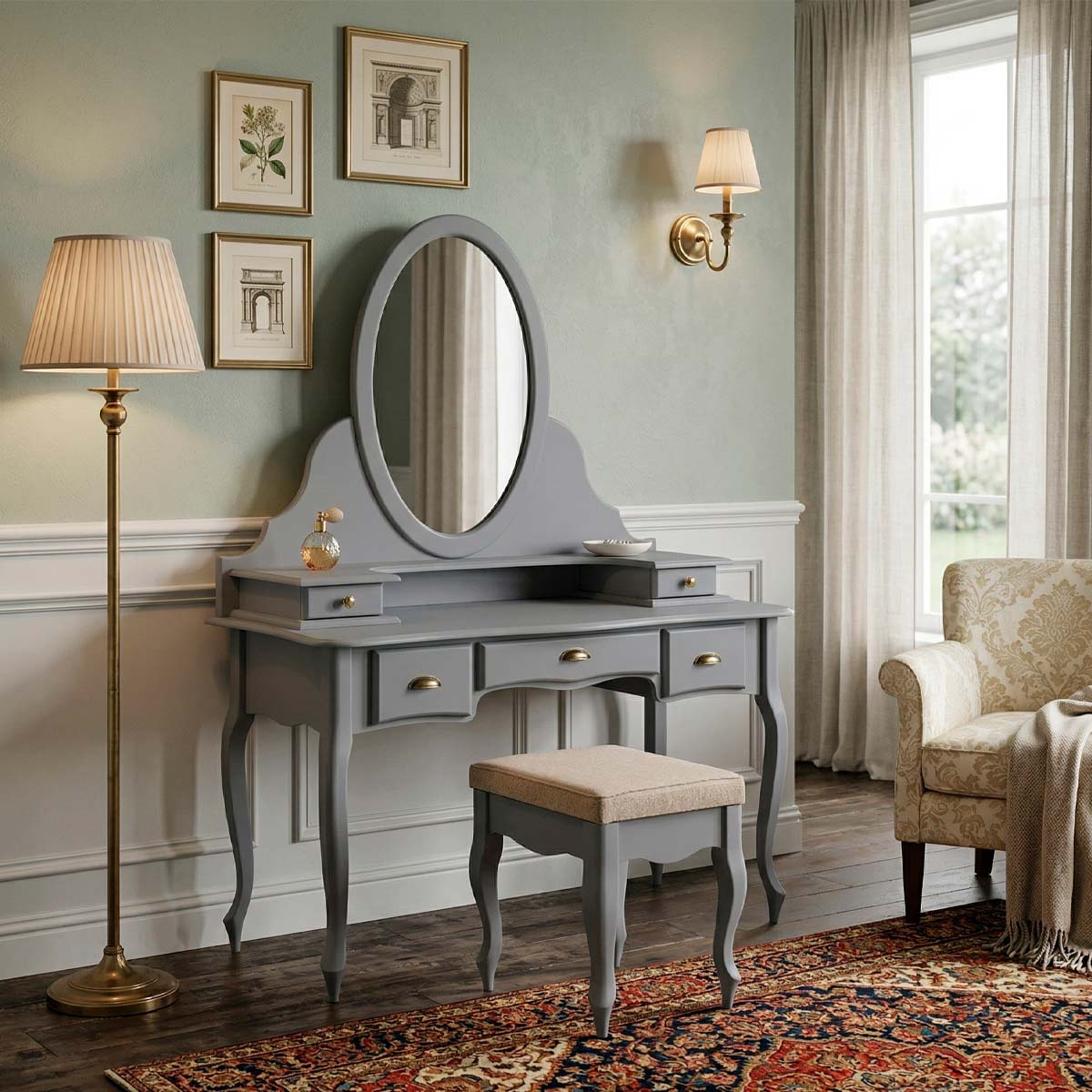 Penteadeira Louvre Com Banqueta Pés Luis XV 177 x 136 x 45 cm (A x L x P) - Cor Cinza Escuro 