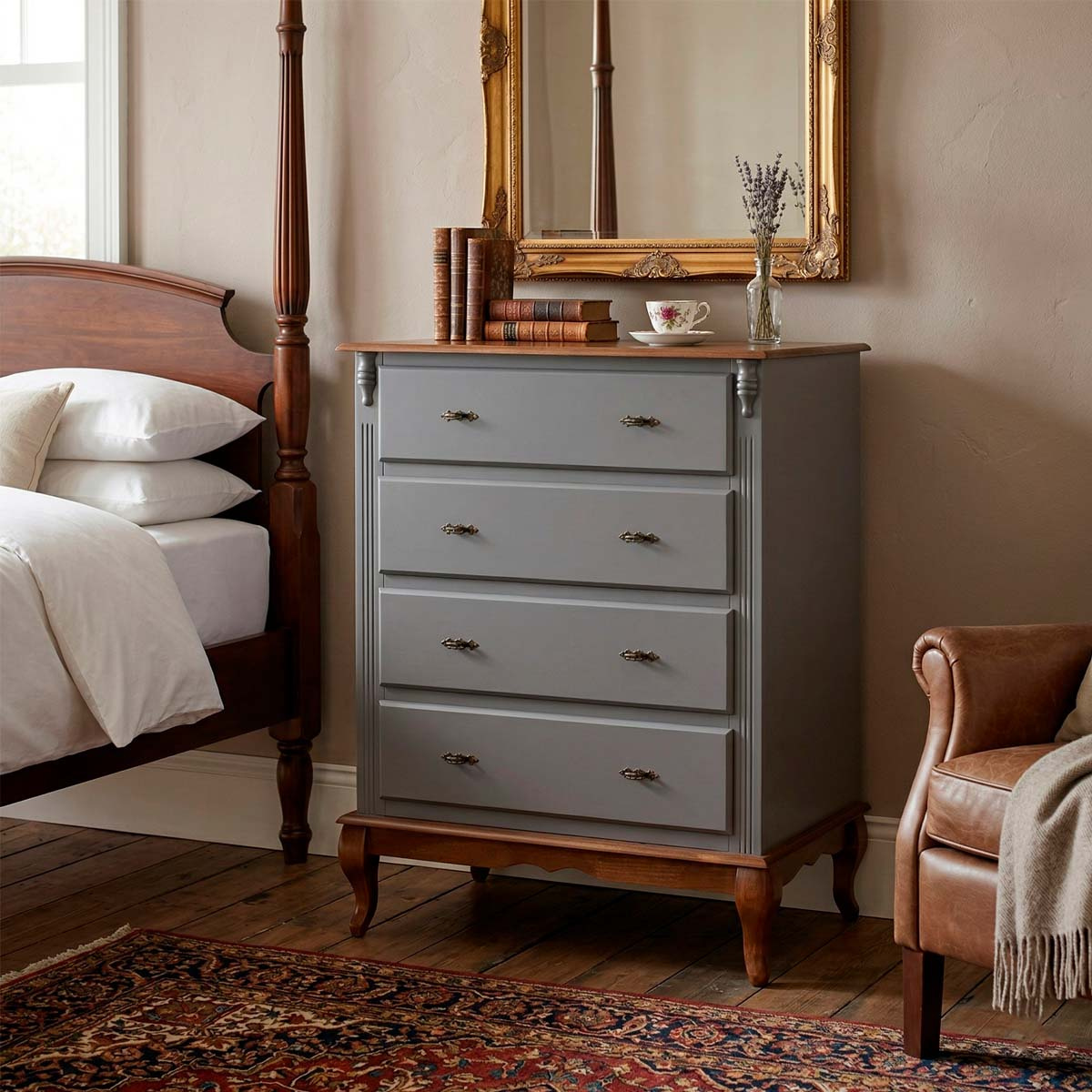 Cômoda De Madeira Linz 4 Gavetas 116 x 90 x 50 cm - Cor Cinza Escuro - Imbuia Glazer