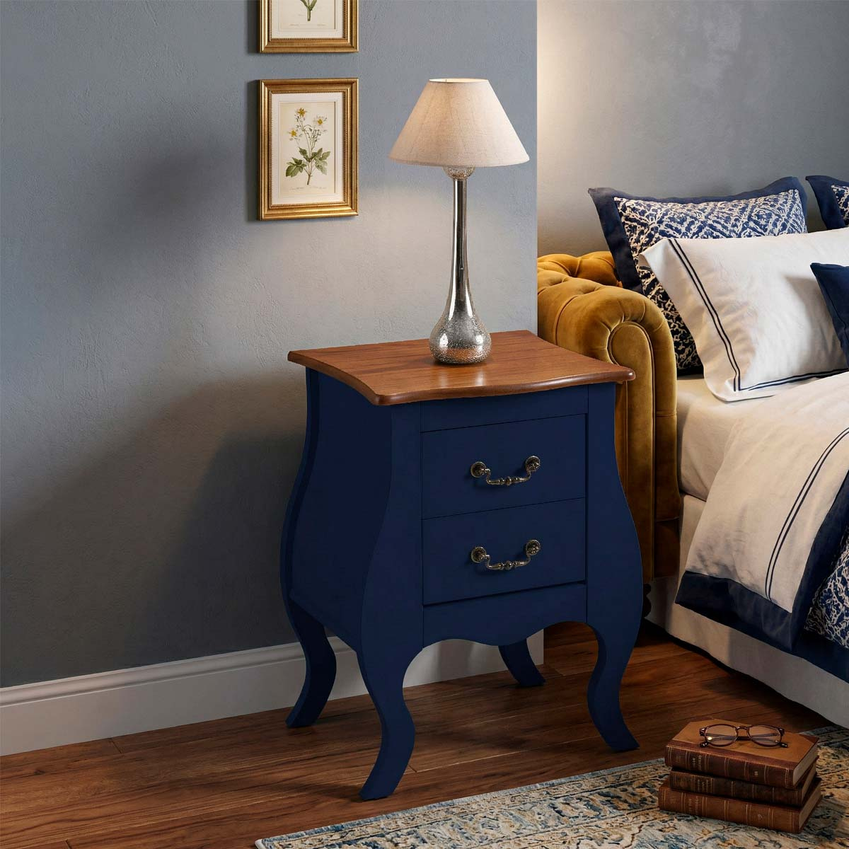 Mesa de Cabeceira Bombê Linz 2 Gavetas 65 x 50 x 40 cm (A x L x P) - Cor Azul Petróleo/Imbuia Glazer 