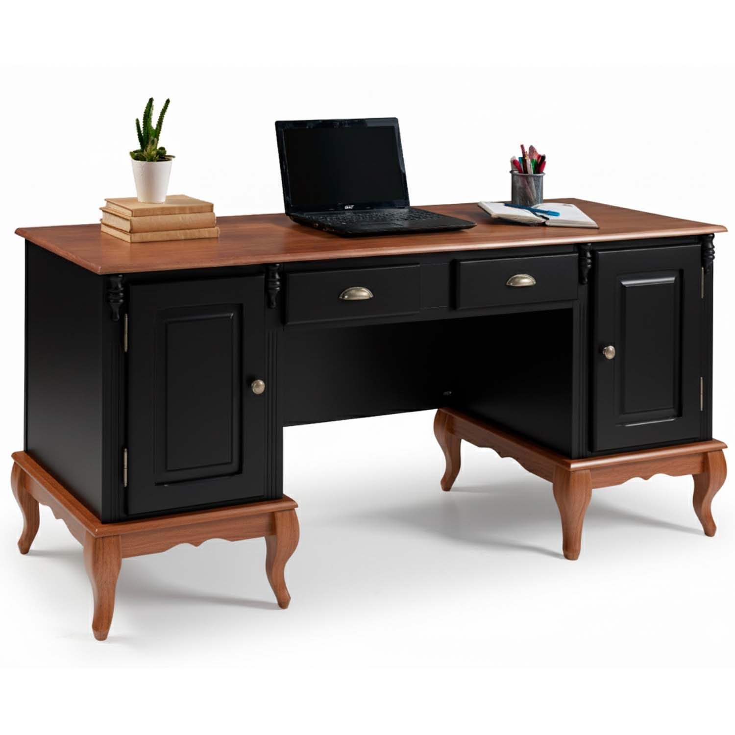 Escrivaninha 2 Portas 2 Gavetas Pés Luis XV Linz Móveis 80 x 176 x 50 cm (A x L x P) - Cor Preto - Imbuia Glazer 