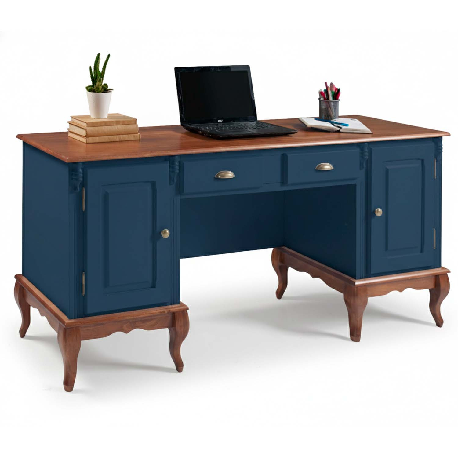Escrivaninha 2 Portas 2 Gavetas Pés Luis XV Linz Móveis 80 x 176 x 50 cm (A x L x P) - Cor Azul Petróleo - Imbuia Glazer 