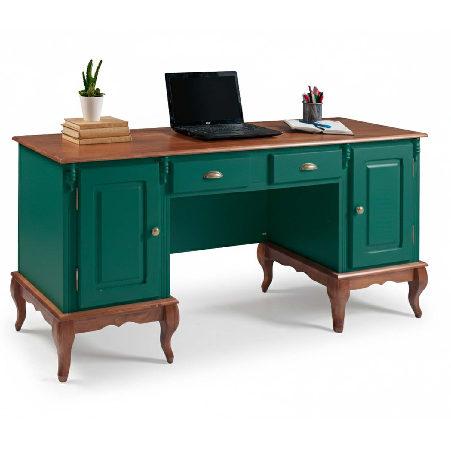 Escrivaninha 2 Portas 2 Gavetas Pés Luis XV Linz Móveis 80 x 176 x 50 cm (A x L x P) - Cor Verde Musgo - Imbuia Glazer 