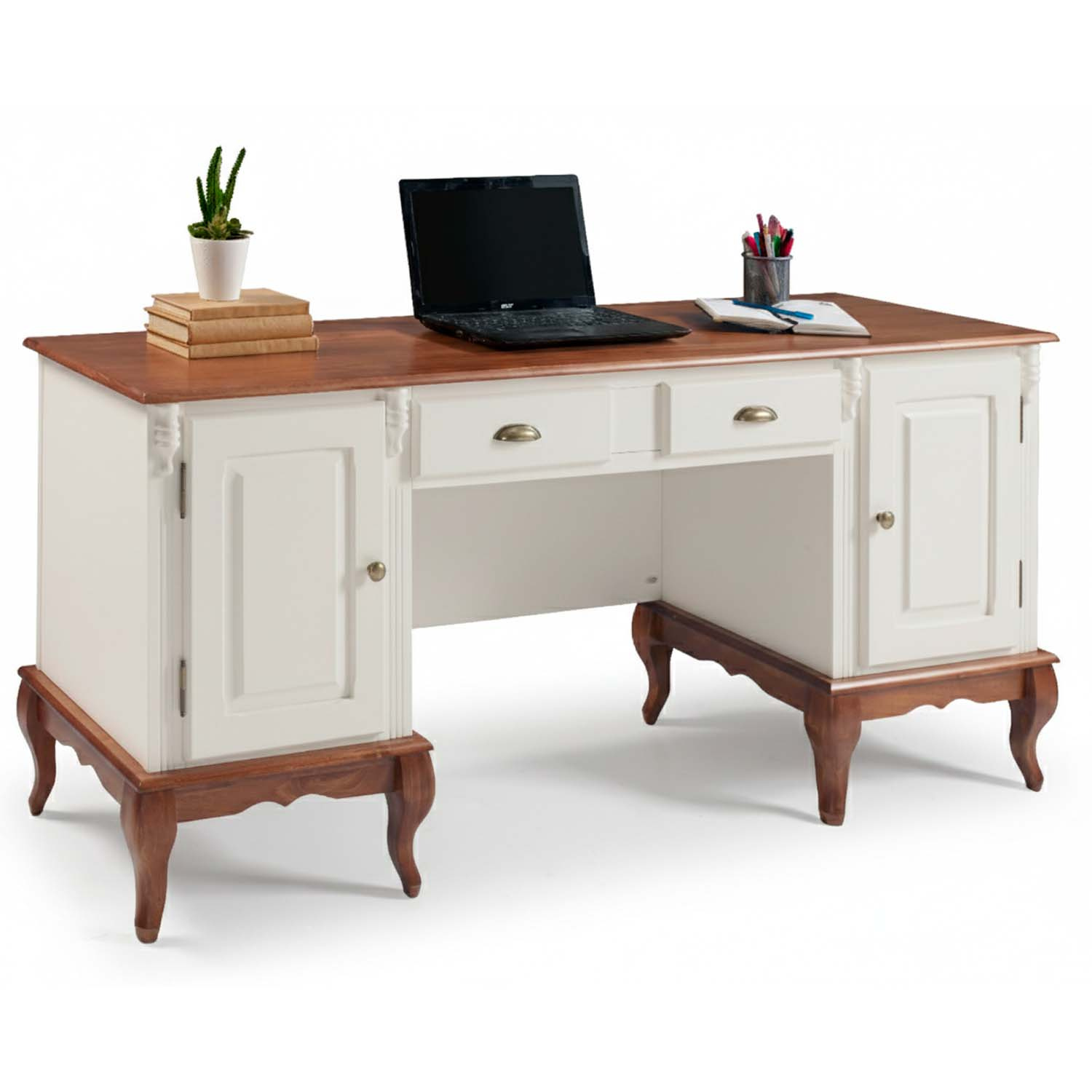 Escrivaninha 2 Portas 2 Gavetas Pés Luis XV Linz Móveis 80 x 176 x 50 cm (A x L x P) - Cor Offwhite - Imbuia Glazer 