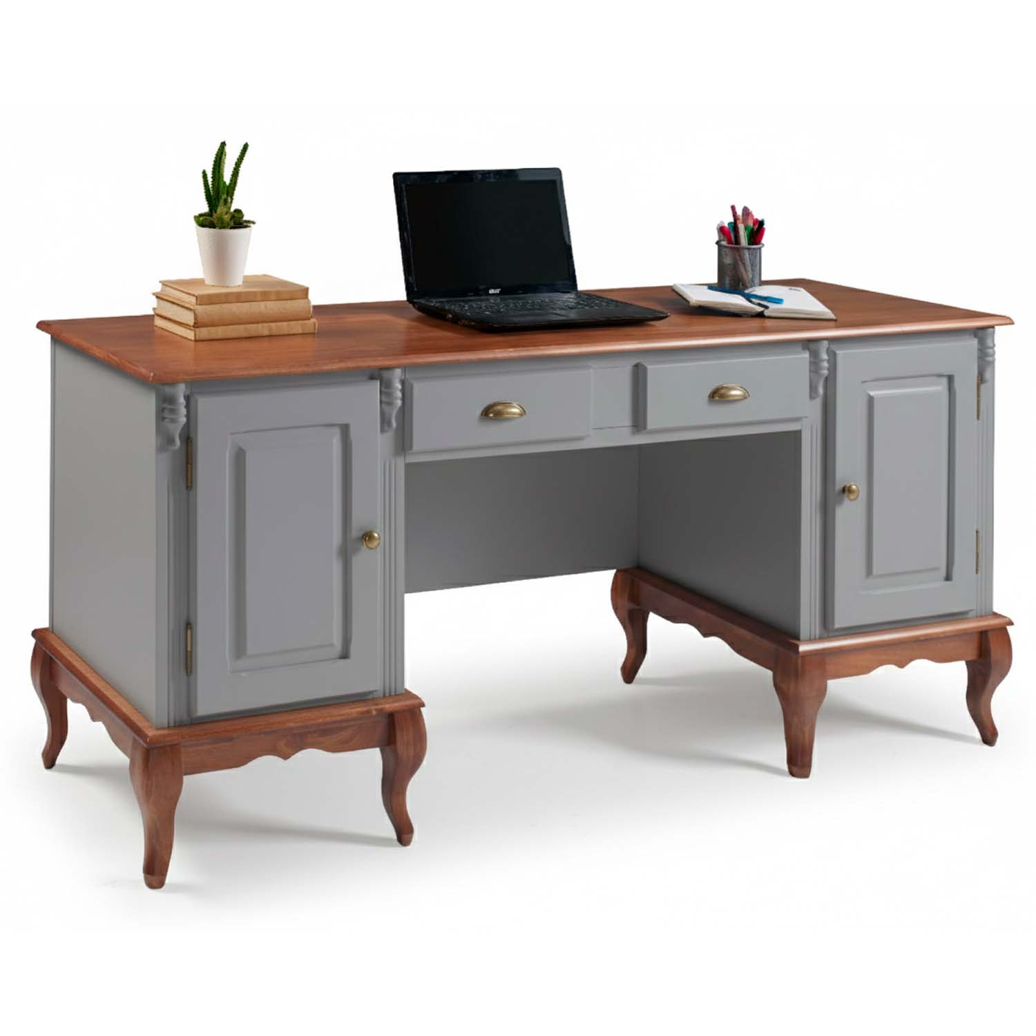 Escrivaninha 2 Portas 2 Gavetas Pés Luis XV Linz Móveis 80 x 176 x 50 cm (A x L x P) - Cor Cinza Escuro - Imbuia Glazer 