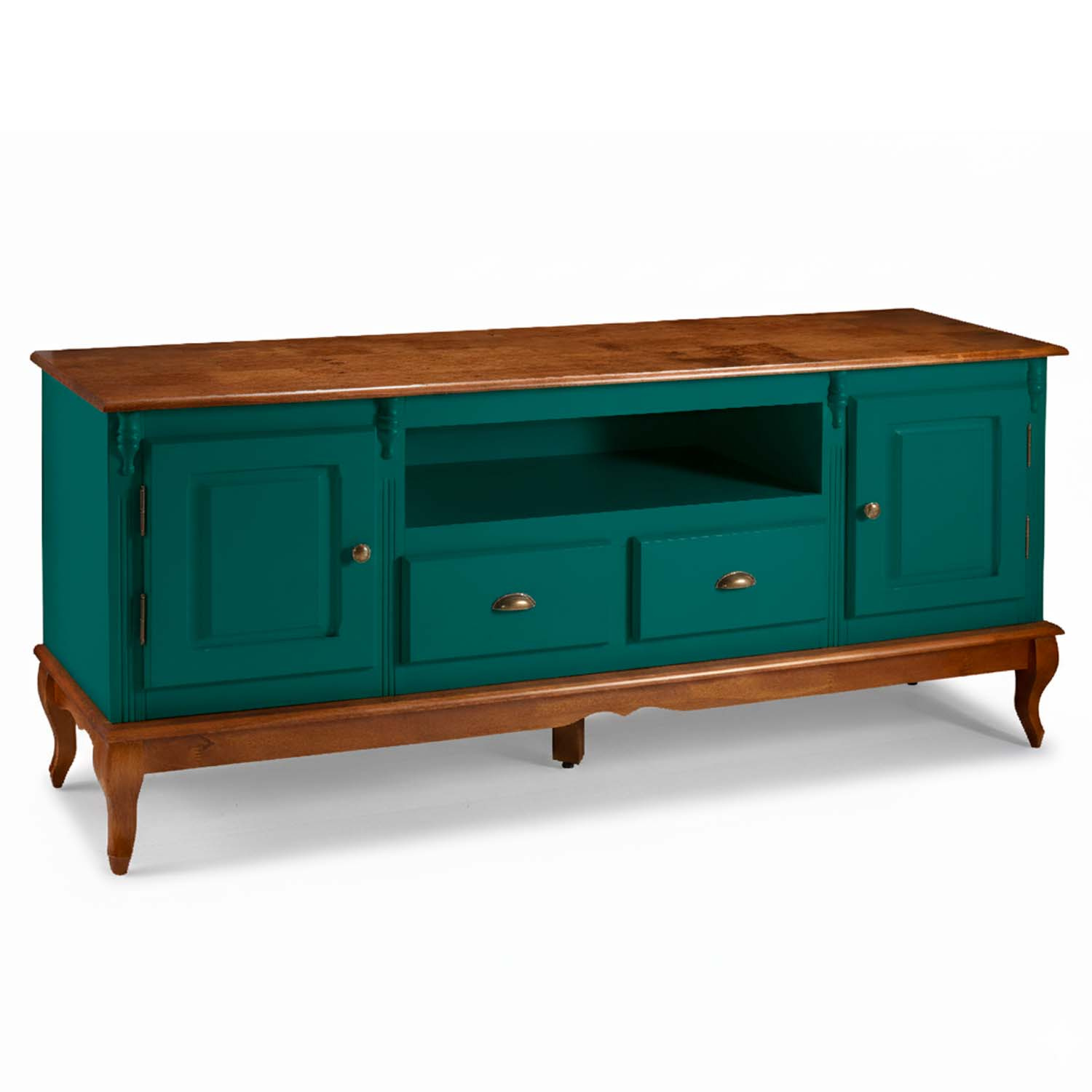 Rack Hanover 2 Portas 2 Gavetas + Nicho Pés Luis XV 75 x 195 x 40 cm (A x L x P) - Cor Verde Musgo - Imbuia Glazer