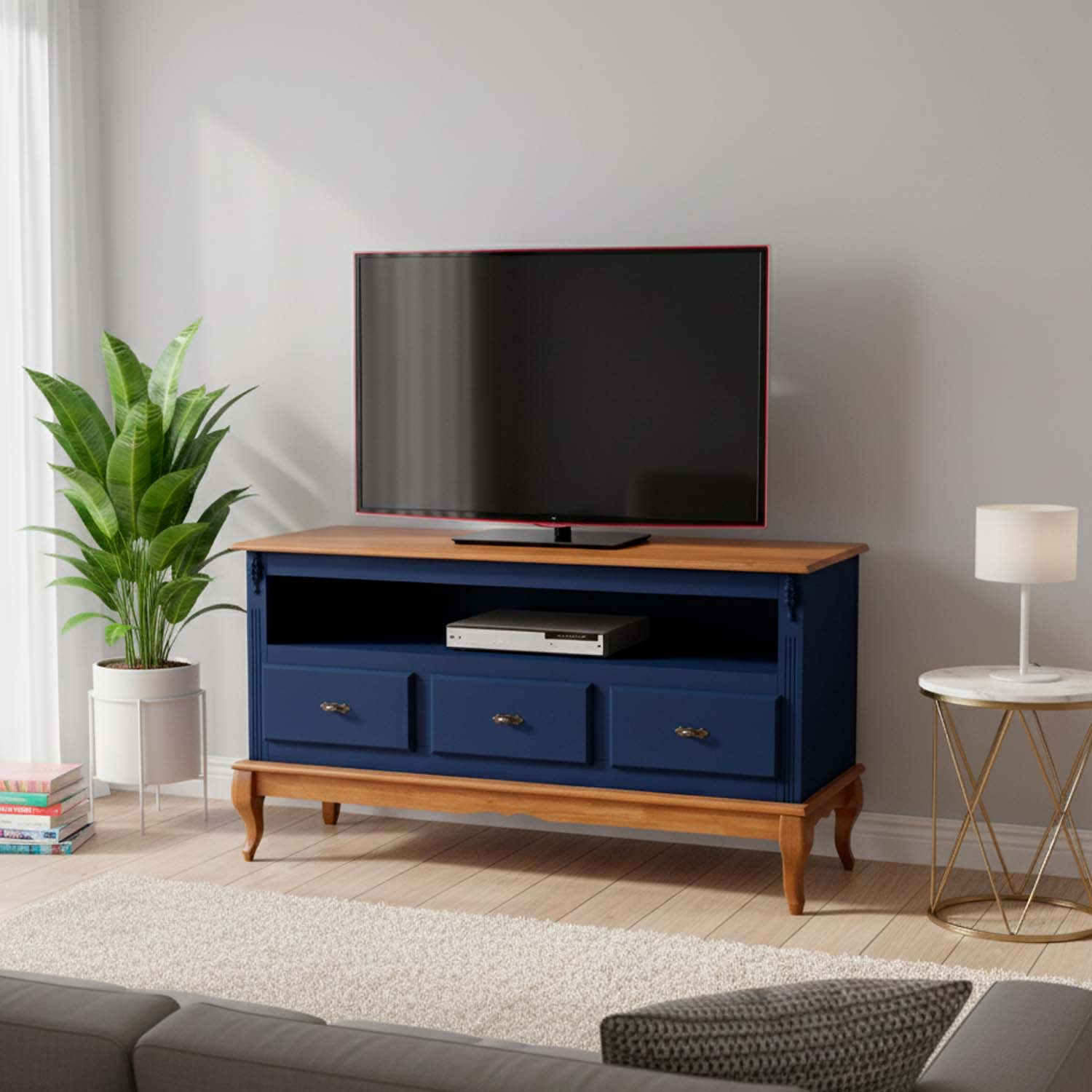 Rack Linz 3 Gavetas + Nicho 75 x 150 x 40 (A x L x P) - Cor Azul Petróleo - Imbuia Glazer 