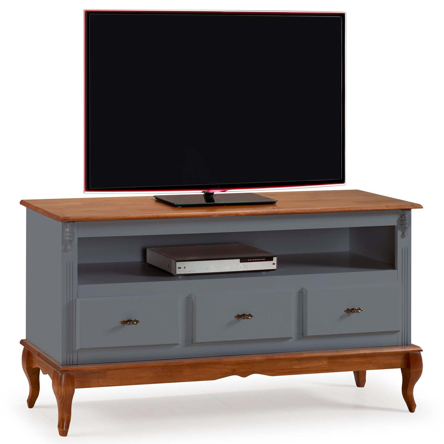 Rack Linz 3 Gavetas + Nicho 75 x 150 x 40 (A x L x P) - Cor Cinza Escuro - Imbuia Glazer 