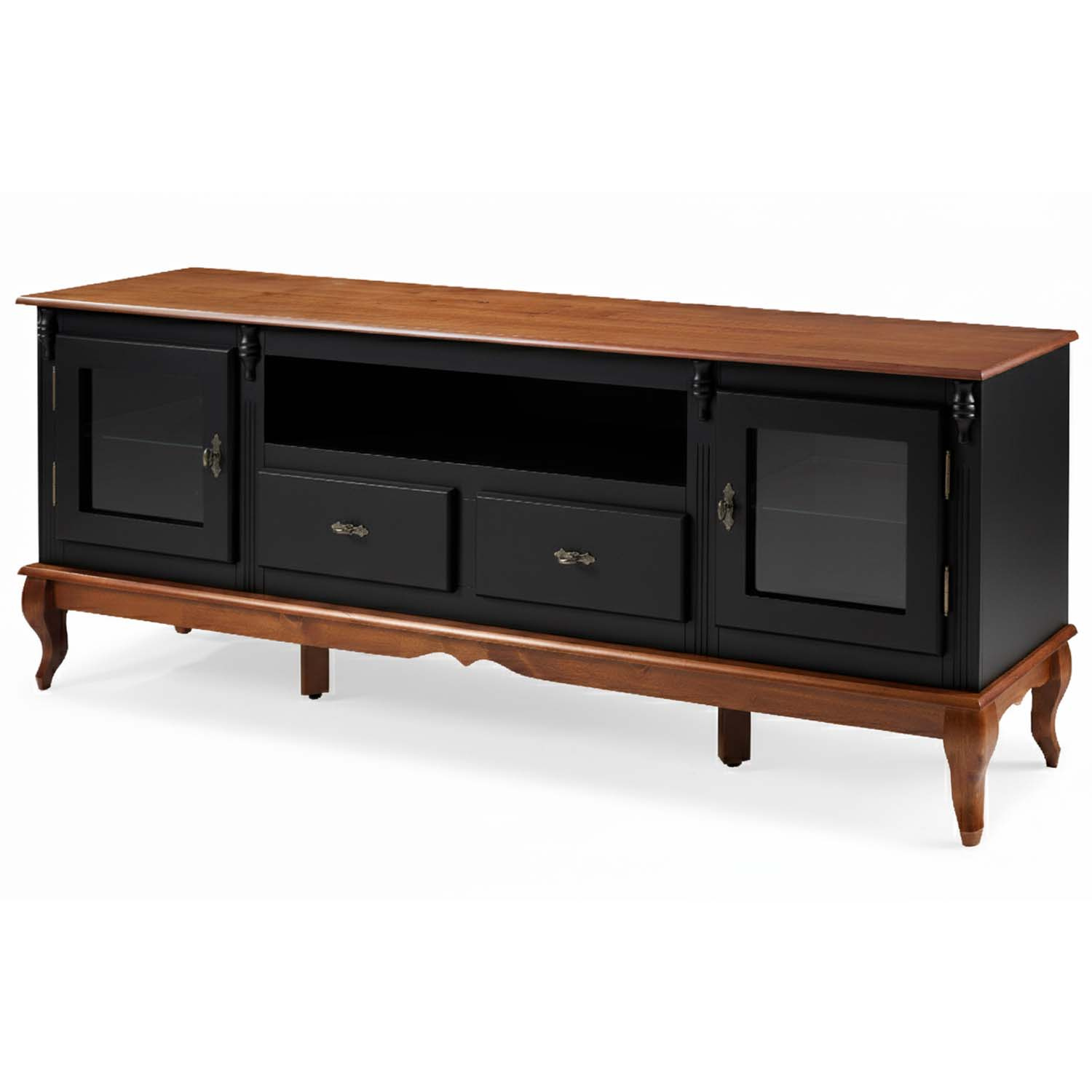 Rack Linz 2 Portas Vidro 2 Gavetas Pés Luis XV 75 x 195 x 40 cm (A x L x P) - Cor Preto - Imbuia Glazer 