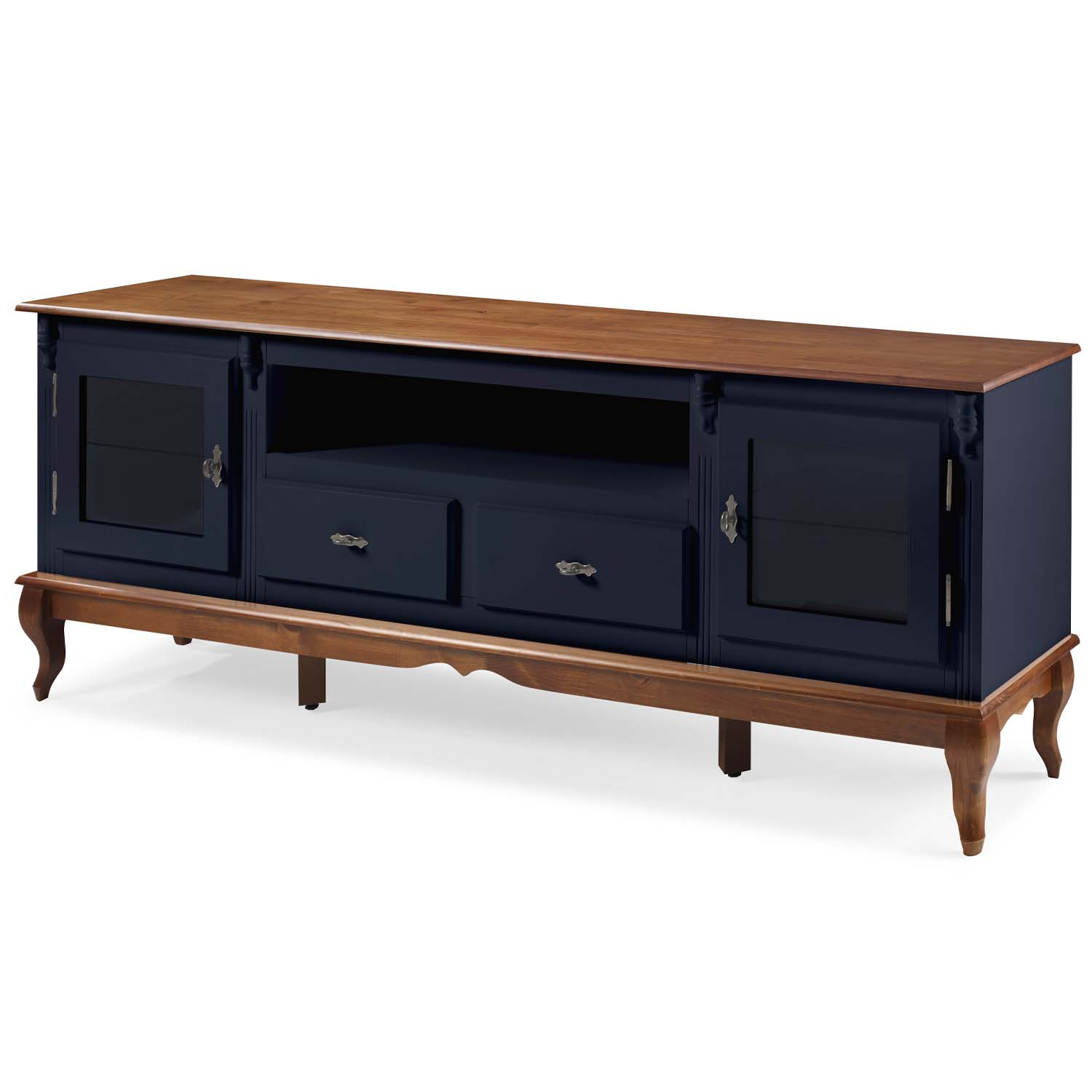 Rack Linz 2 Portas Vidro 2 Gavetas Pés Luis XV 75 x 195 x 40 cm (A x L x P) - Cor Azul Petróleo - Imbuia Glazer 