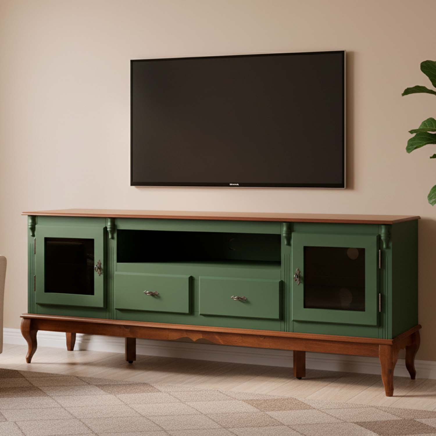 Rack Linz 2 Portas Vidro 2 Gavetas Pés Luis XV 75 x 195 x 40 cm (A x L x P) - Cor Verde Musgo - Imbuia Glazer 