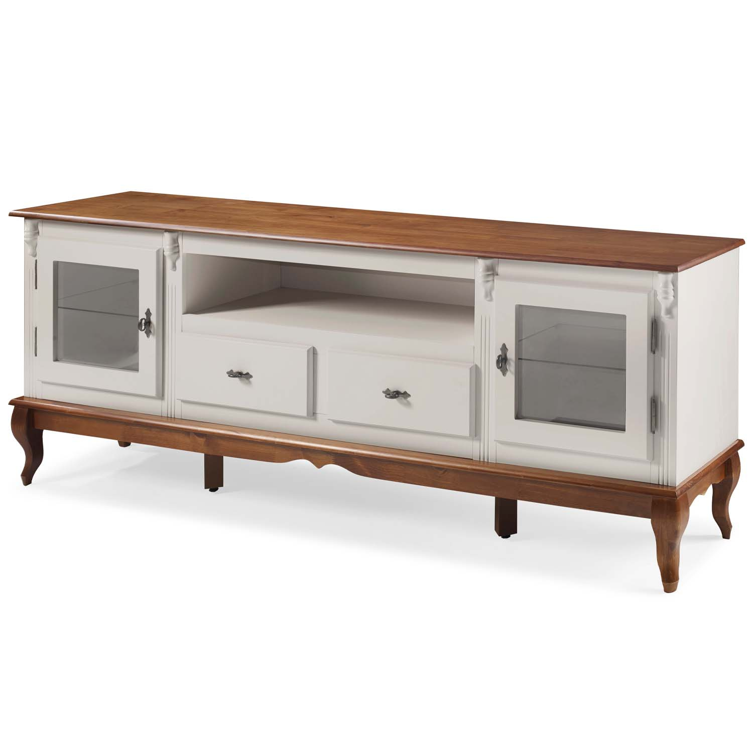 Rack Linz 2 Portas Vidro 2 Gavetas Pés Luis XV 75 x 195 x 40 cm (A x L x P) - Cor Offwhite - Imbuia Glazer 