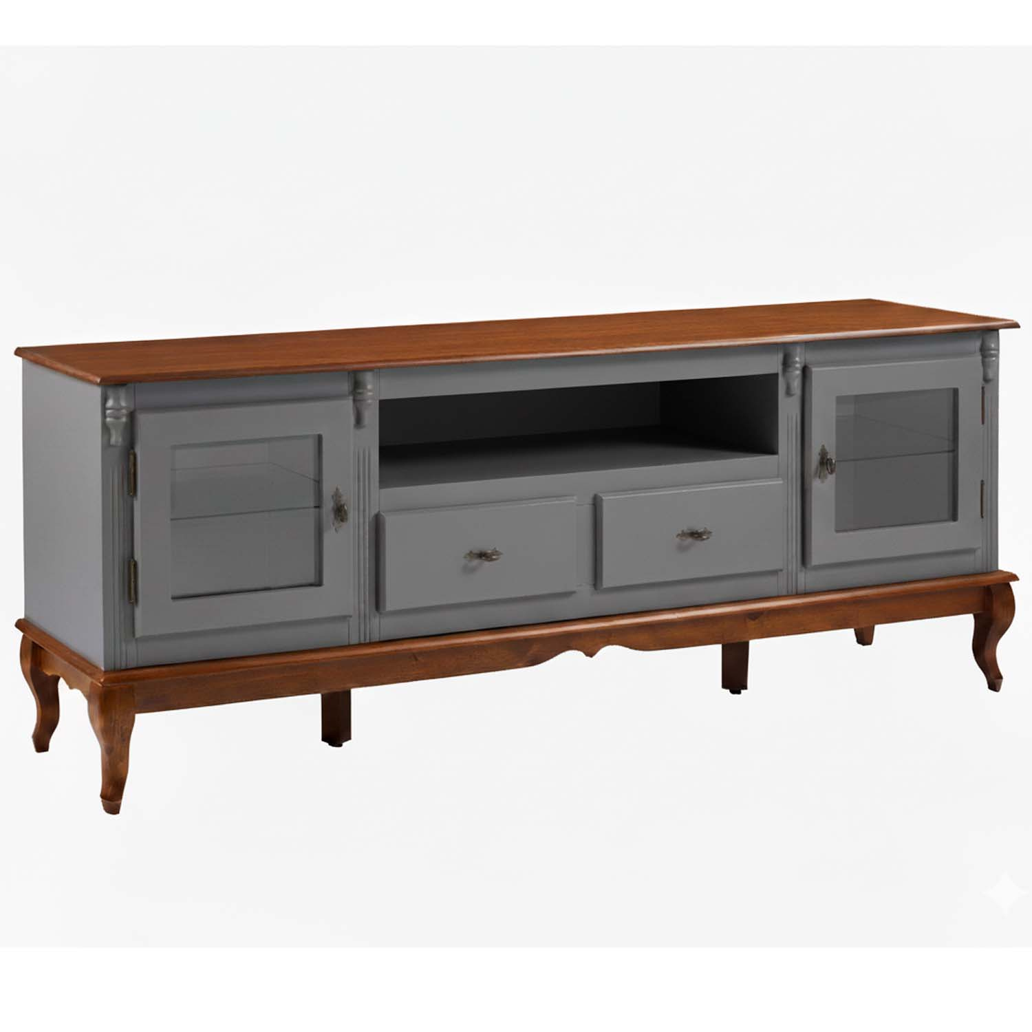 Rack Linz 2 Portas Vidro 2 Gavetas Pés Luis XV 75 x 195 x 40 cm (A x L x P) - Cor Cinza Escuro - Imbuia Glazer 