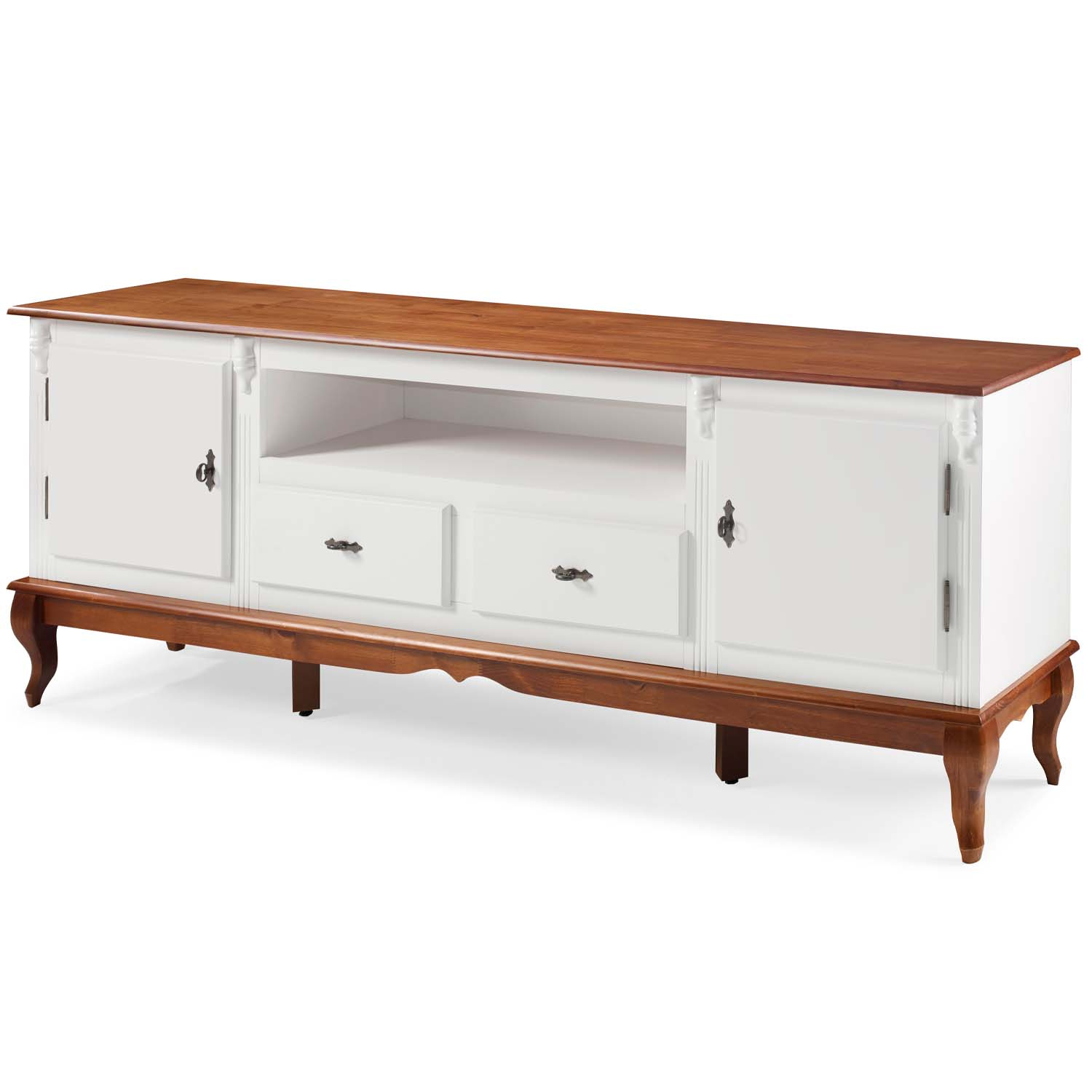 Rack Linz 2 Portas Madeira 2 Gavetas Pés Luis XV 75 x 195 x 40 cm (A x L x P) - Cor Branco - Imbuia Glazer