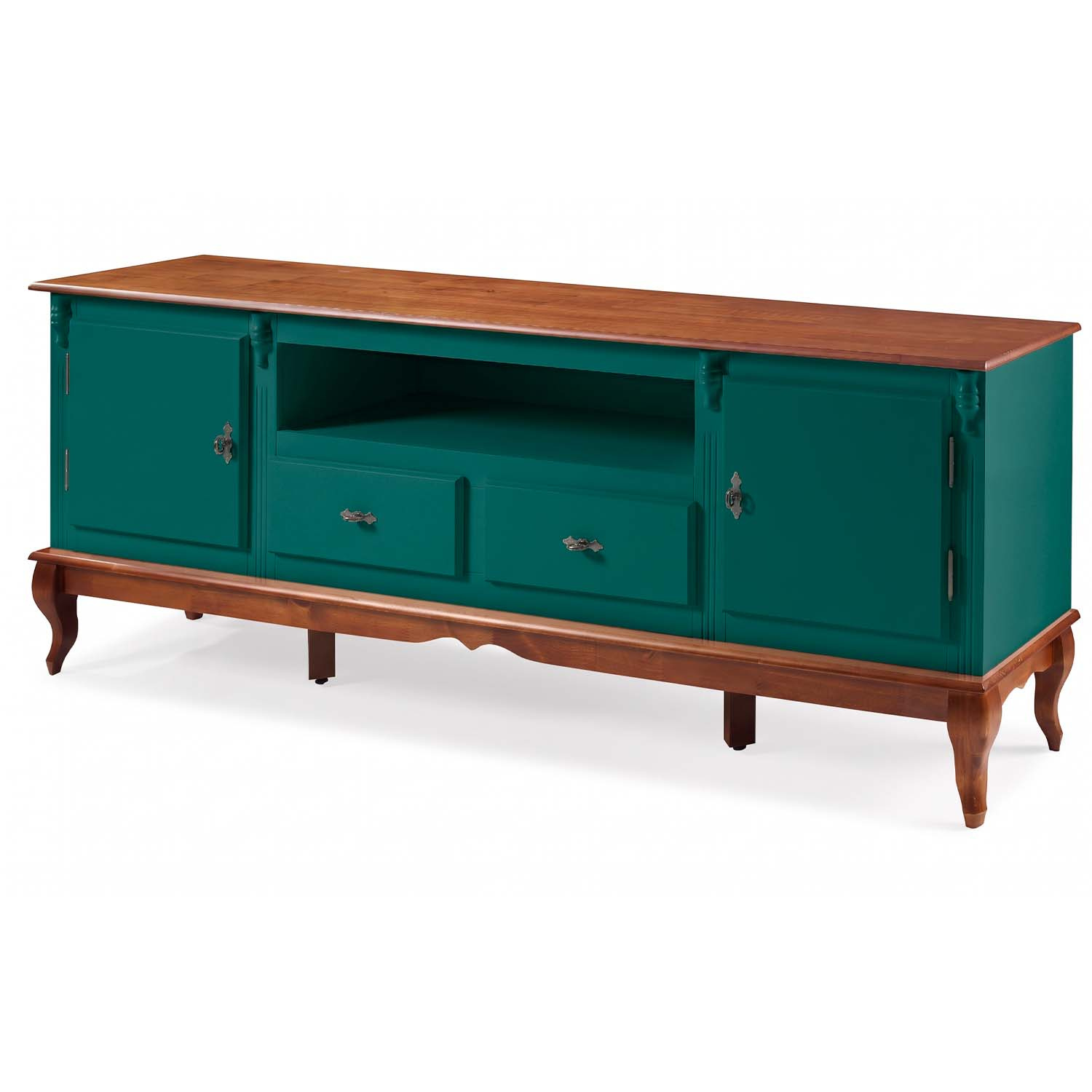 Rack Linz 2 Portas Madeira 2 Gavetas Pés Luis XV 75 x 195 x 40 cm (A x L x P) - Cor Verde Musgo - Imbuia Glazer