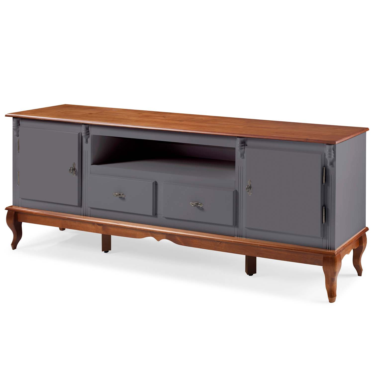 Rack Linz 2 Portas Madeira 2 Gavetas Pés Luis XV 75 x 195 x 40 cm (A x L x P) - Cor Cinza Escuro - Imbuia Glazer