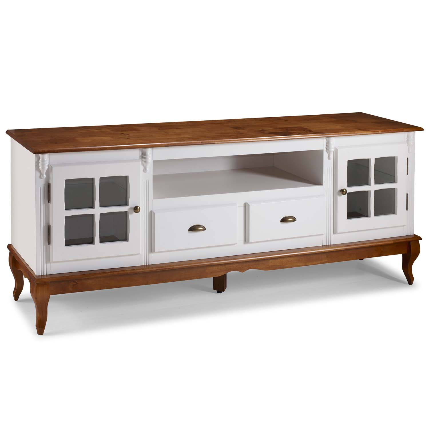Rack Hanover 2 Portas Com Vidro Cruzeta 2 Gavetas + Nicho Pés Luis XV 75 x 195 x 40 cm (A x L x P) - Cor Branco - Imbuia Glazer