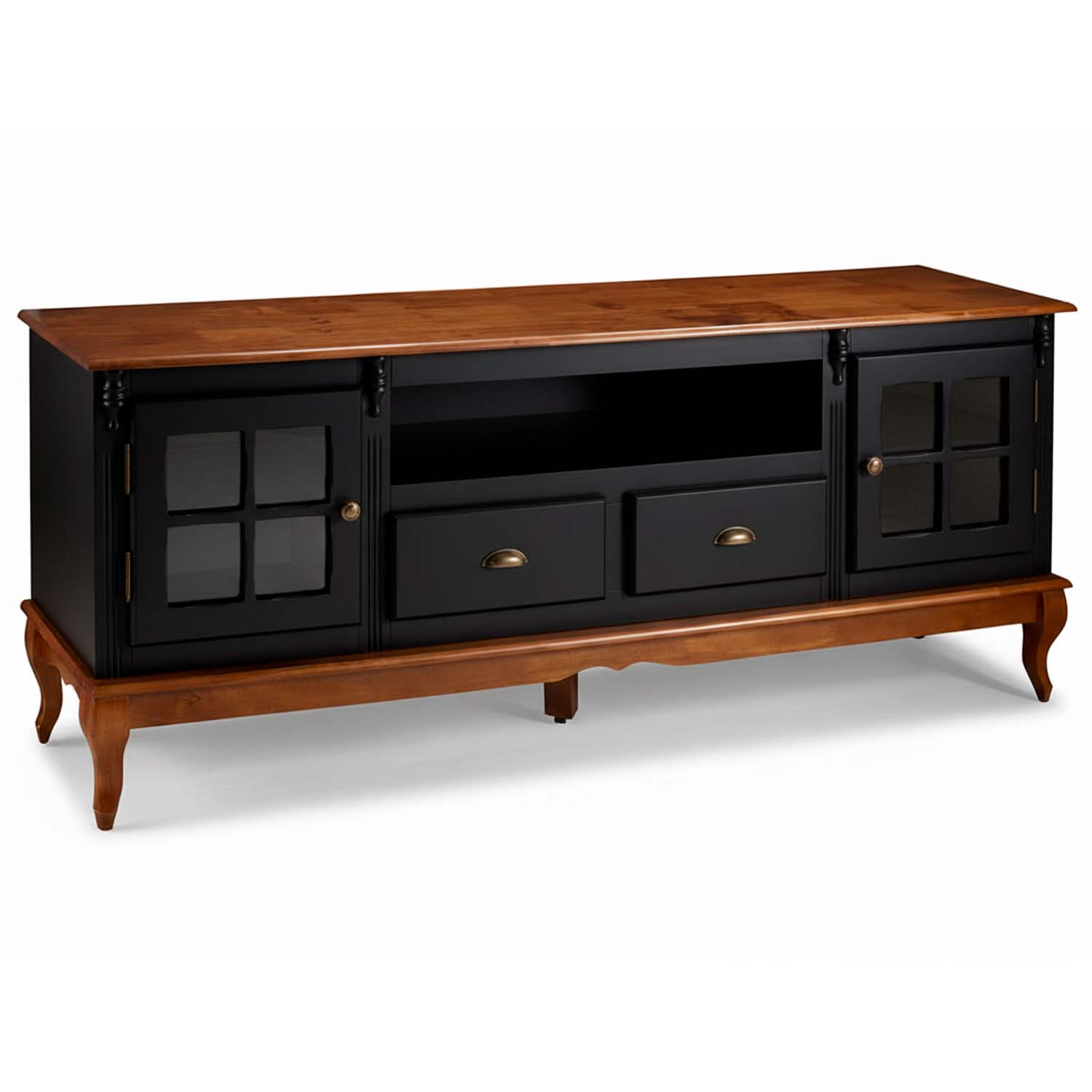 Rack Hanover 2 Portas Com Vidro Cruzeta 2 Gavetas + Nicho Pés Luis XV 75 x 195 x 40 cm (A x L x P) - Cor Preto - Imbuia Glazer