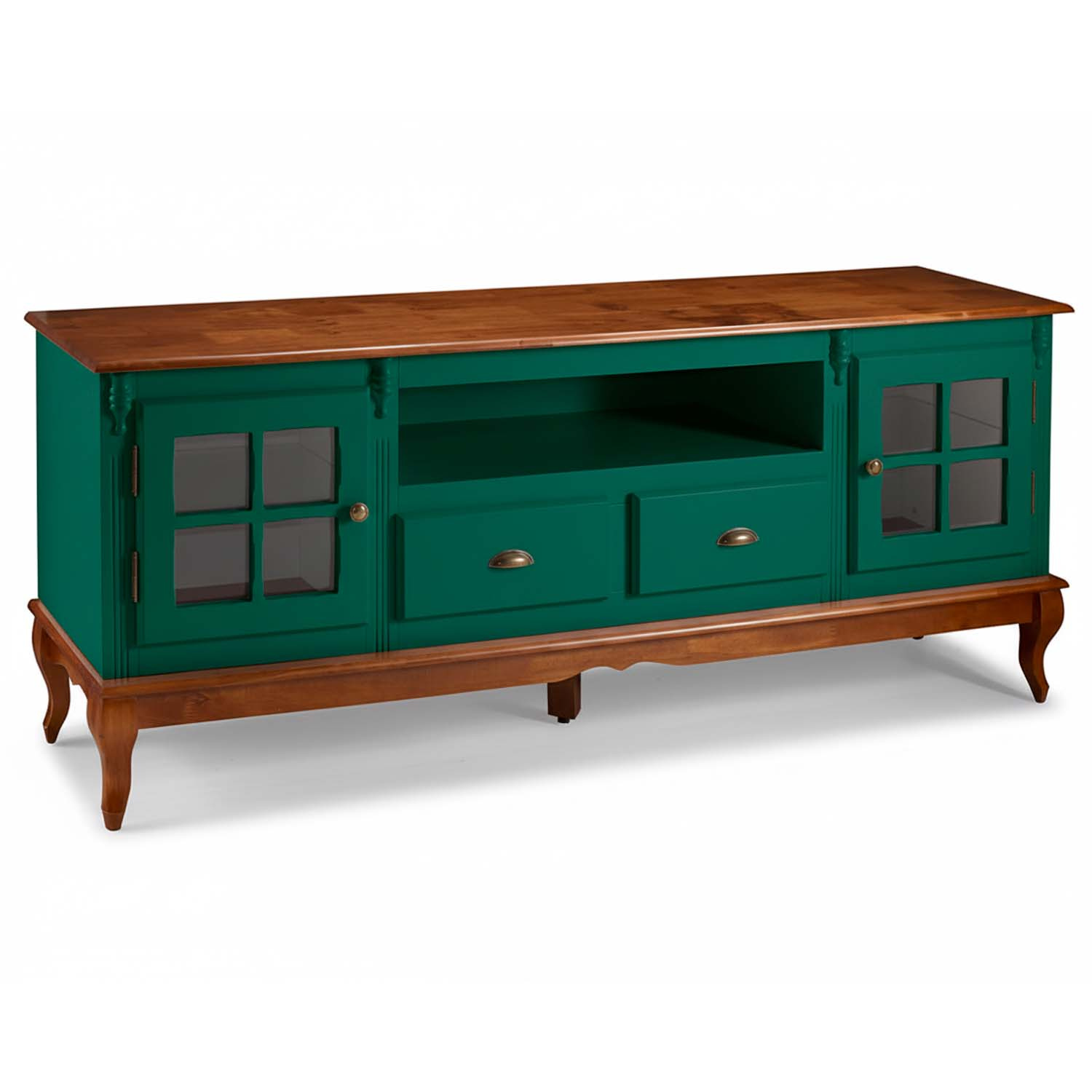 Rack Hanover 2 Portas Com Vidro Cruzeta 2 Gavetas + Nicho Pés Luis XV 75 x 195 x 40 cm (A x L x P) - Cor Verde Musgo - Imbuia Glazer