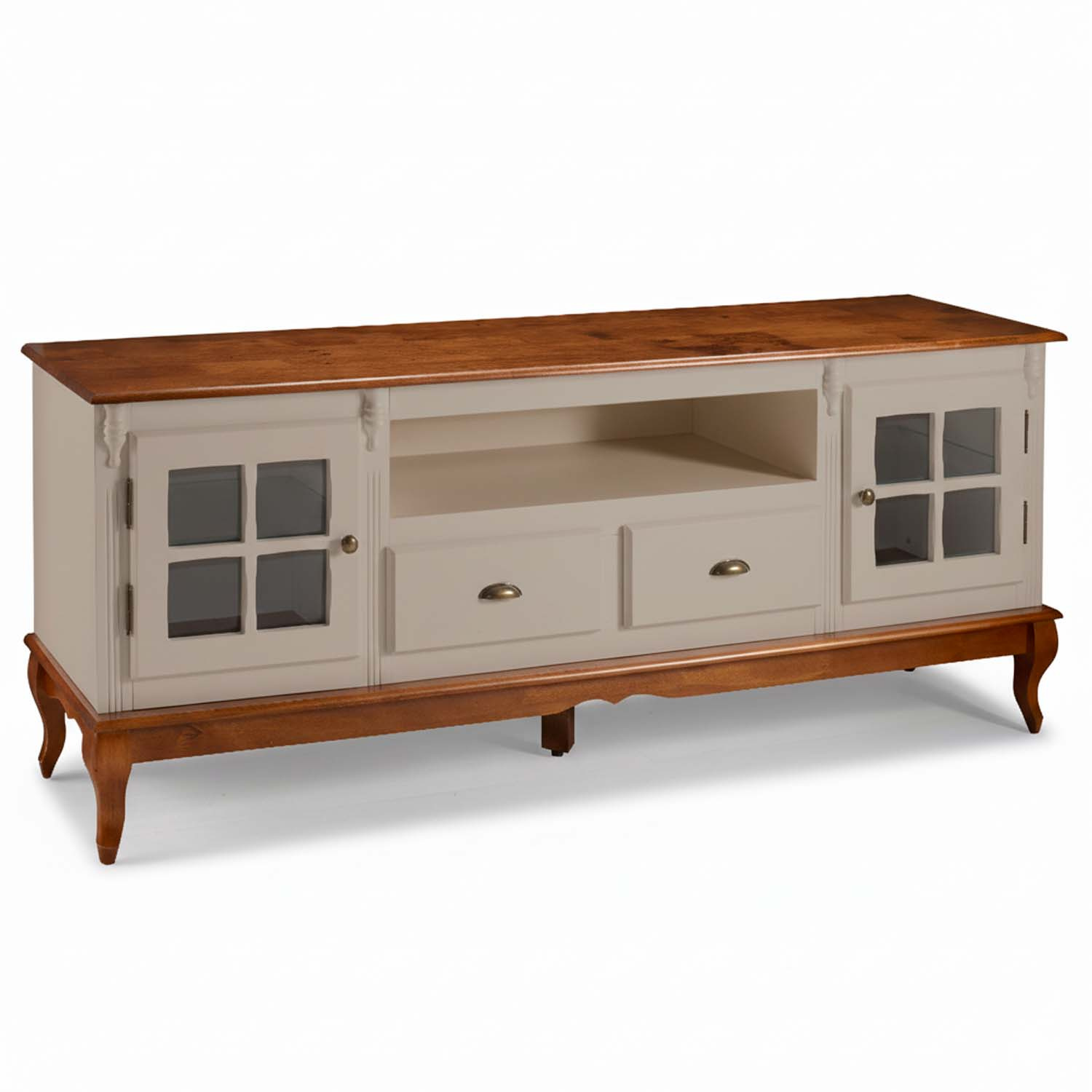 Rack Hanover 2 Portas Com Vidro Cruzeta 2 Gavetas + Nicho Pés Luis XV 75 x 195 x 40 cm (A x L x P) - Cor Offwhite - Imbuia Glazer